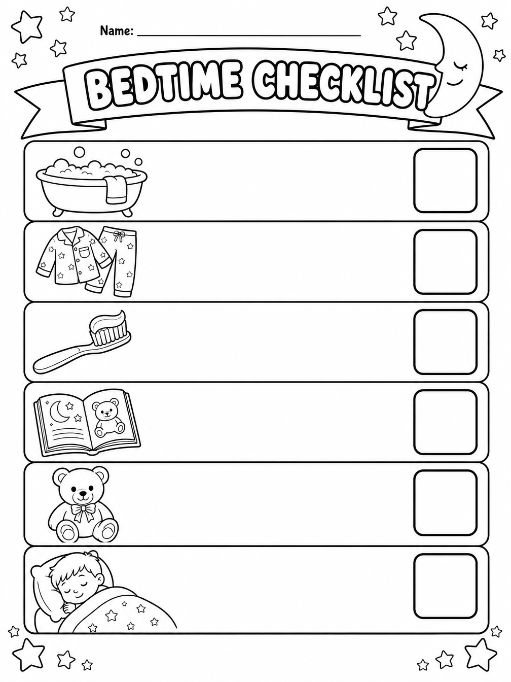 Bedtime Checklist printable sheet