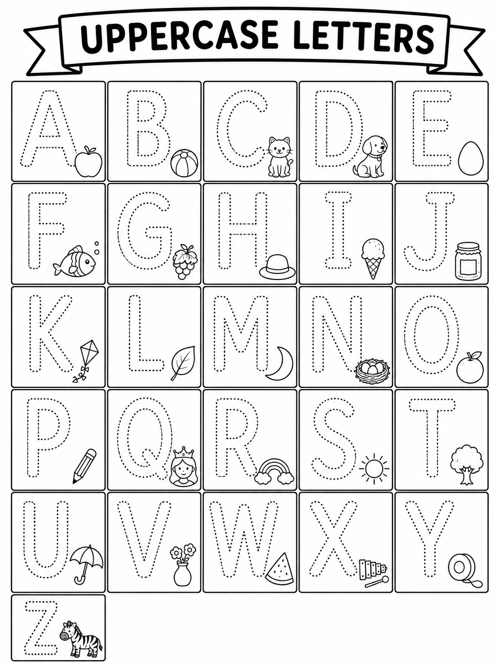 Uppercase A to Z printable sheet